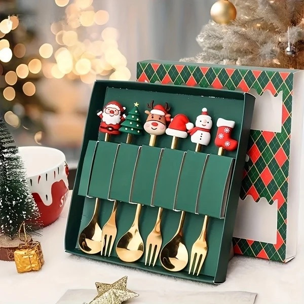 Набір десертних приборів новорічних Merry Christmas золоті 6 шт