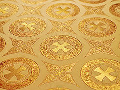 Шовкова церковна тканина Дамаск золотий з бордовим контуром