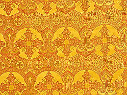 Шовкова церковна тканина Корона жовта з червоним контуром з золотом