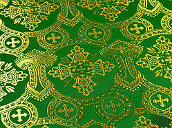 Шовкова церковна тканина Корона зелена з золотом