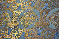 Шовкова церковна тканина Корона блакитна з золотом