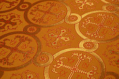 Шовкова церковна тканина Ніка жовте з червоним контуром з золотом