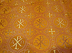 Шовкова церковна тканина Різдво Христове жовтий з червоним контуром