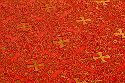 Шовкова церковна тканини Алания червоний контуром бордовим з золотом