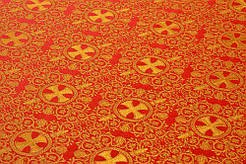 Шовкова церковна тканини Алания червона з жовтим контуром з золотом