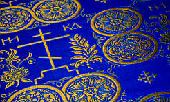 Шовкова церковна тканина Голгофа синя з золотом