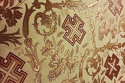 Шовкова церковна тканина Кана охра з контуром бордовим з золотом