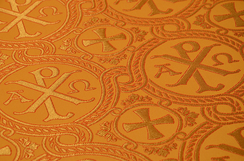 Шовкова церковна тканина РХ жовта  з золотом із червоним контуром, фото 1