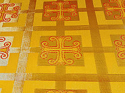 Церковна тканина Каппадокия  жовтаа з червоним контуром  комбі з золотом