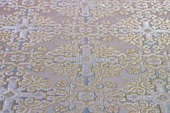 Шовкова церковна тканина Никомедия біла-св. блакитна контур жовтий з сріблом