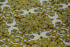 Шовкова церковна тканина Никомедия біла-бордова контур синій з золотом