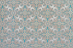 Шовкова церковна тканина Никомедия біла-блакитний контур бордо з сріблом