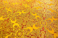 Шовкова церковна тканина Никомедия жовта - червона контур синій з золотом