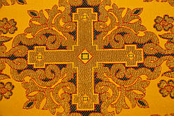 Шовкова церковна тканина Никомедия жовта- синій контур червоний з золотом