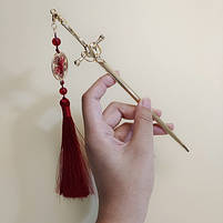 Металева китайська паличка для волосся золотиста з червоним. Китайська шпилька для волосся, фото 3