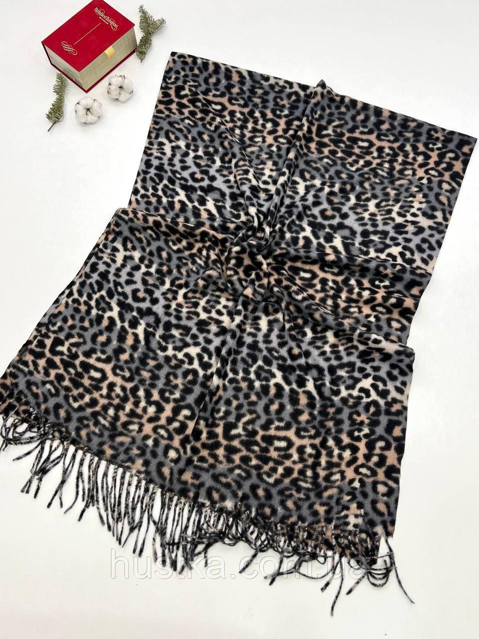Теплий шарф палантин з леопардовим принтом 180*70 см сірий 07