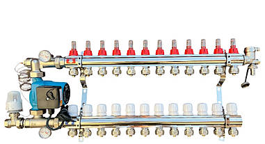 Колектор для теплої підлоги в складі на 12 контурів із насосом латунний ""EUROPRODUCT"