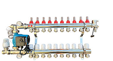 Колектор для теплої підлоги в складі на 10 контурів із насосом латунний "EUROPRODUCT"