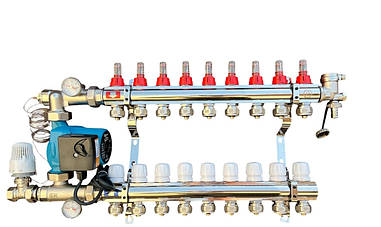 Колектор для теплої підлоги в складі на 9 контурів із насосом латунний "EUROPRODUCT"