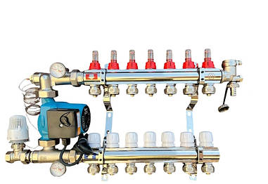 Колектор для теплої підлоги в складі на 7 контурів із насосом латунний "EUROPRODUCT"