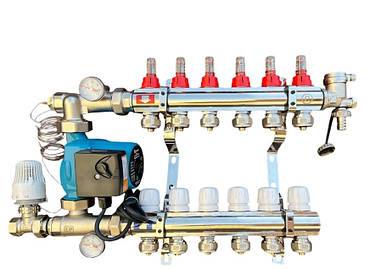 Колектор для теплої підлоги в складі на 6 контурів із насосом латунний "EUROPRODUCT"