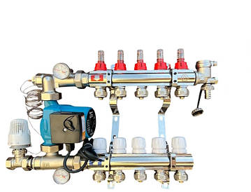 Колектор для теплої підлоги в складі на 5 контурів із насосом латунний "EUROPRODUCT"