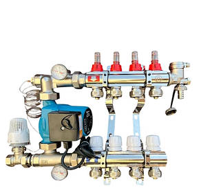 Колектор для теплої підлоги в складі на 4 контури з насосом латунний "EUROPRODUCT"