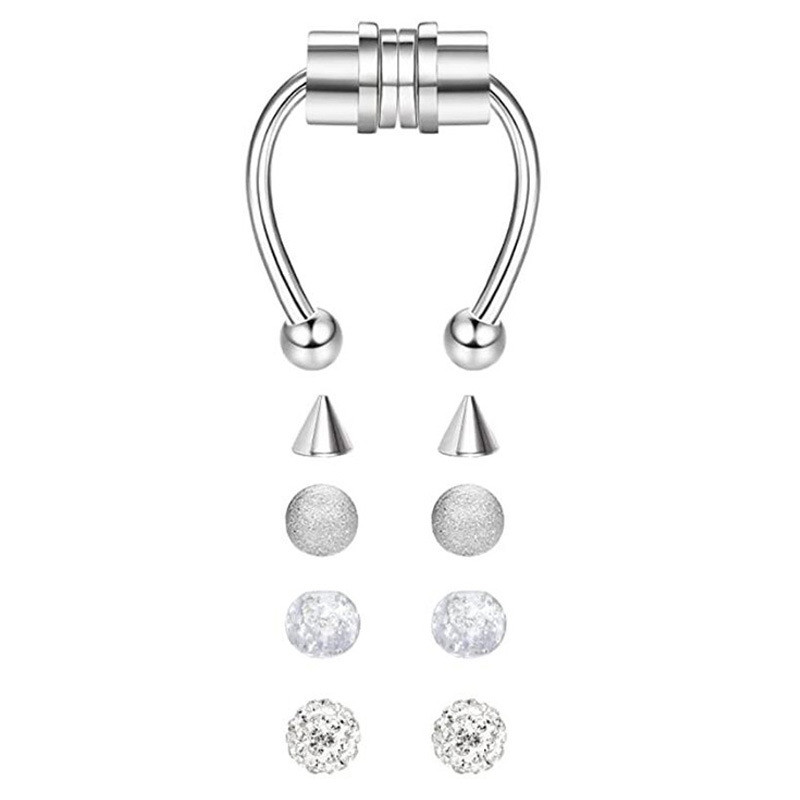Септум обманка 5 насадок у ніс пірсинг на магніті 5в1 кліпс.Фейк носові кільця сірі з нержавіючої сталі, фото 1