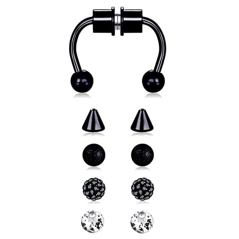 Магнітний септум-кліпс набір із 5 насадок пірсинг без проколу 5 в 1 колір чорний. Підкова фейк септум, фото 1