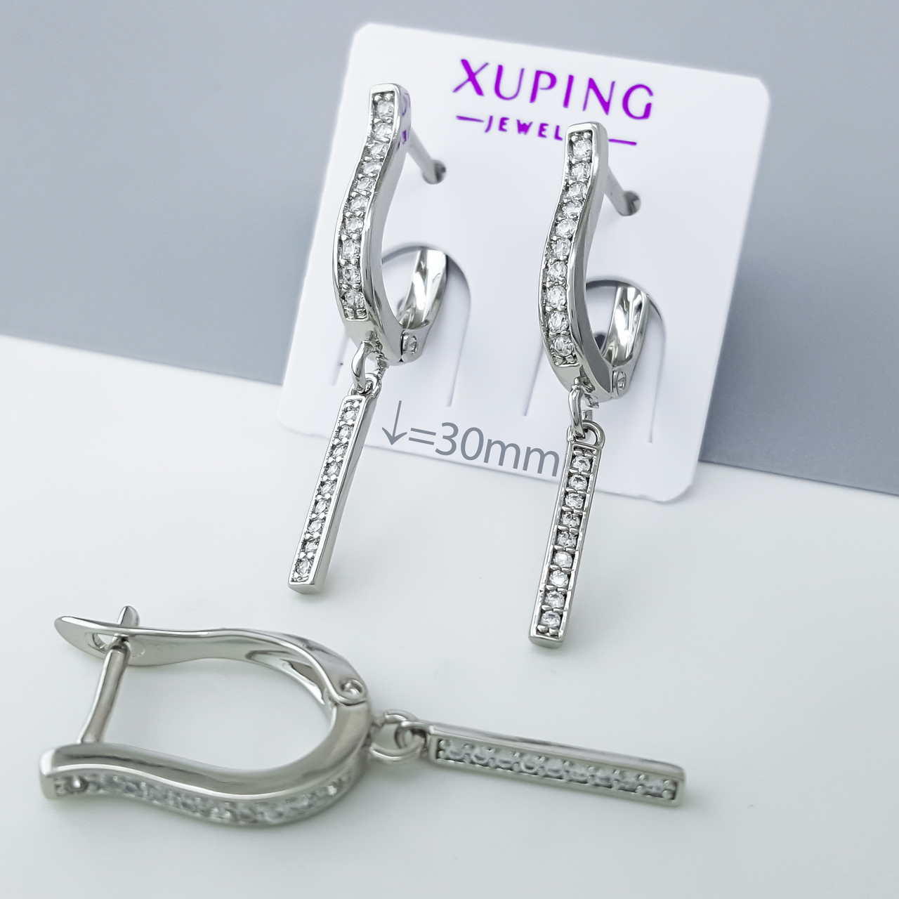 Сережки підвіски "Дорожка" з камінням, англ.замок, медичне золото Xuping, родій, фото 1