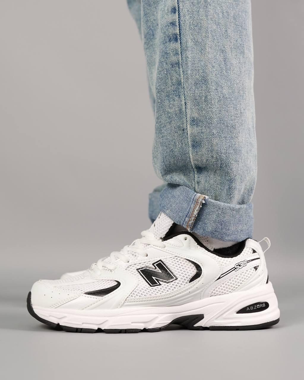 Чоловічі кросівки шкіряні сітка New Balance 530 All White Black Premium, кеди Нью Беланс білі. Чоловіче взуття