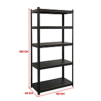 Металевий стелаж | 180x90x40 см | повністю чорний | 5 полиць | оцинкований | для гаражу, складу та підвалу