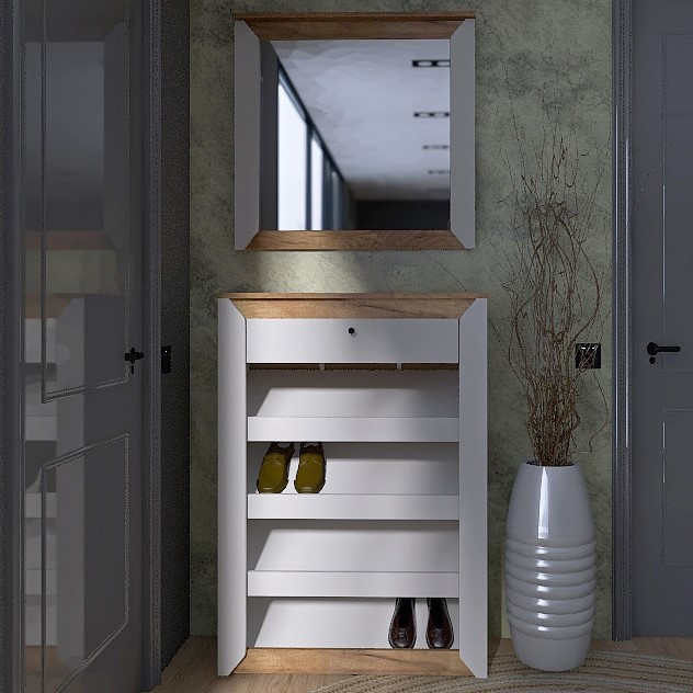 Тумба для взуття із дзеркалом Нордік 800 Еверест Дуб крафт золотий, Білий, фото 1