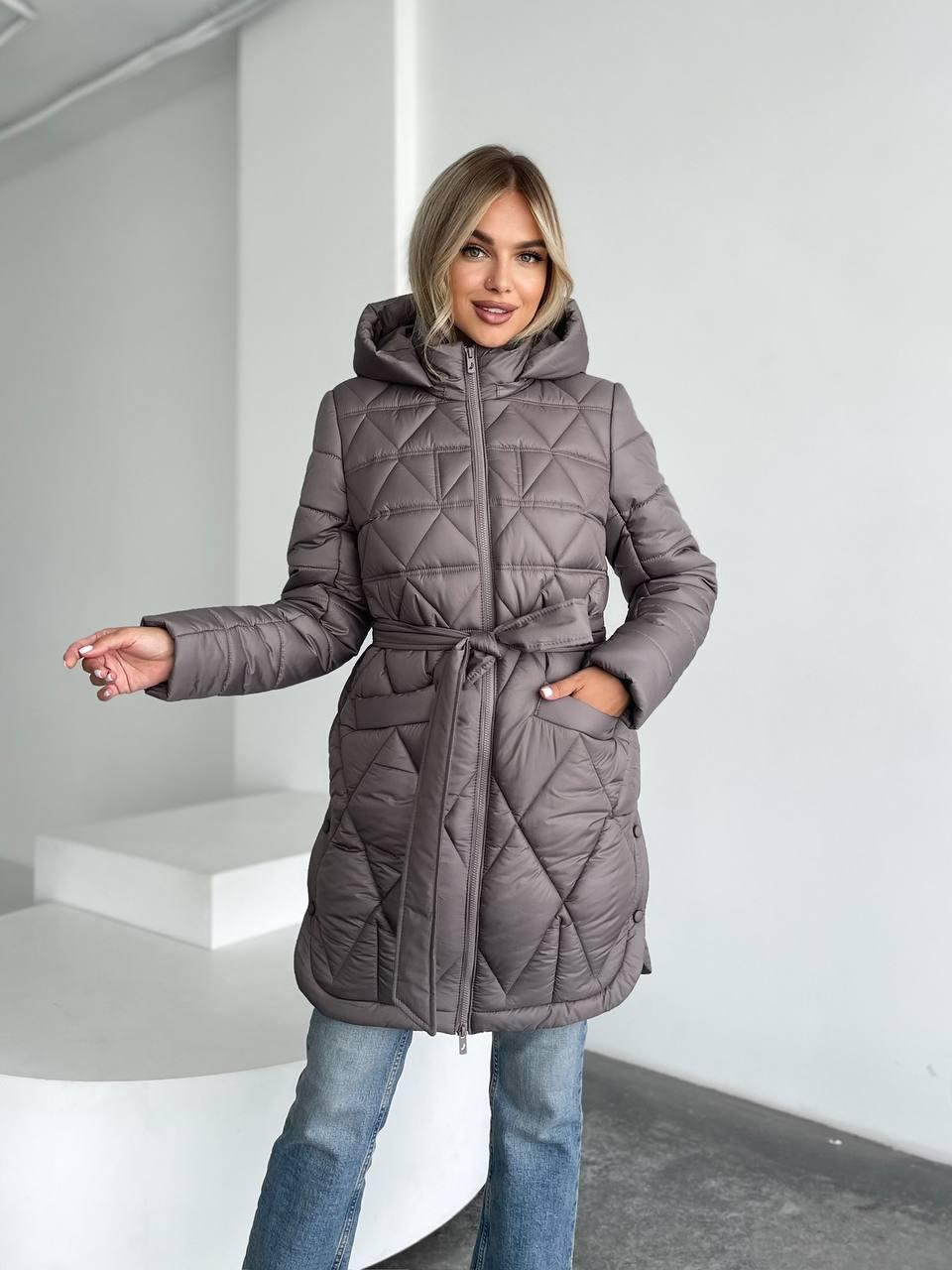 Модне пальто стьобане з поясом єврозима 42-52 розміри моко, фото 1