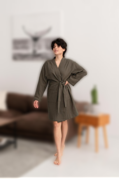Халат душовий жіночий мусліновий фактурний розмір S, халат cosy преміум якості для дому красивий Хакі, фото 1