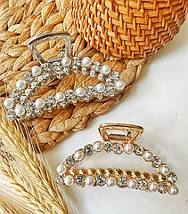 Краб для волосся гуртом 8*4 см метал/стразі/жемчужини 6 шт./пач. ДВА КІЛЬОРІ