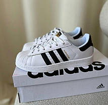 Чоловічі Кросівки Adidas Superstar White Black Classic Адідас Суперстар білі шкіра демісезон класичні, фото 6