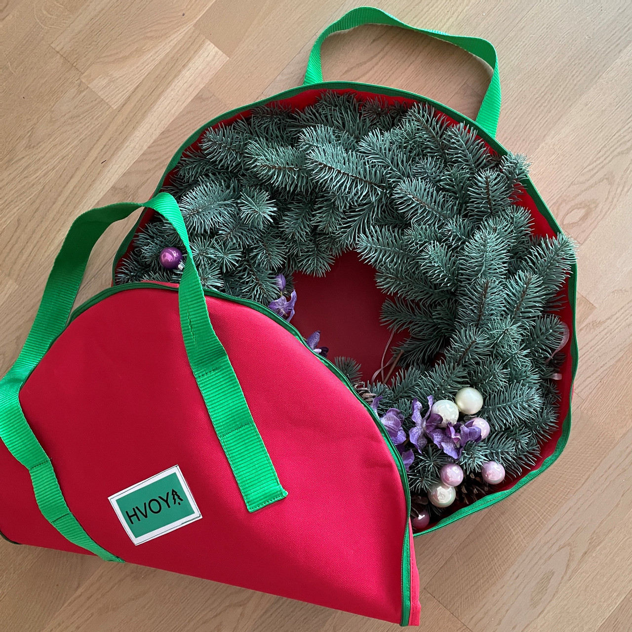 Сумка чохол із ручками для зберігання новорічного декору червона d-50 см, Хвоя, фото 1