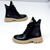 Жіночі черевики демісезонні молодіжні чорні на бежевій підошві натуральна шкіра