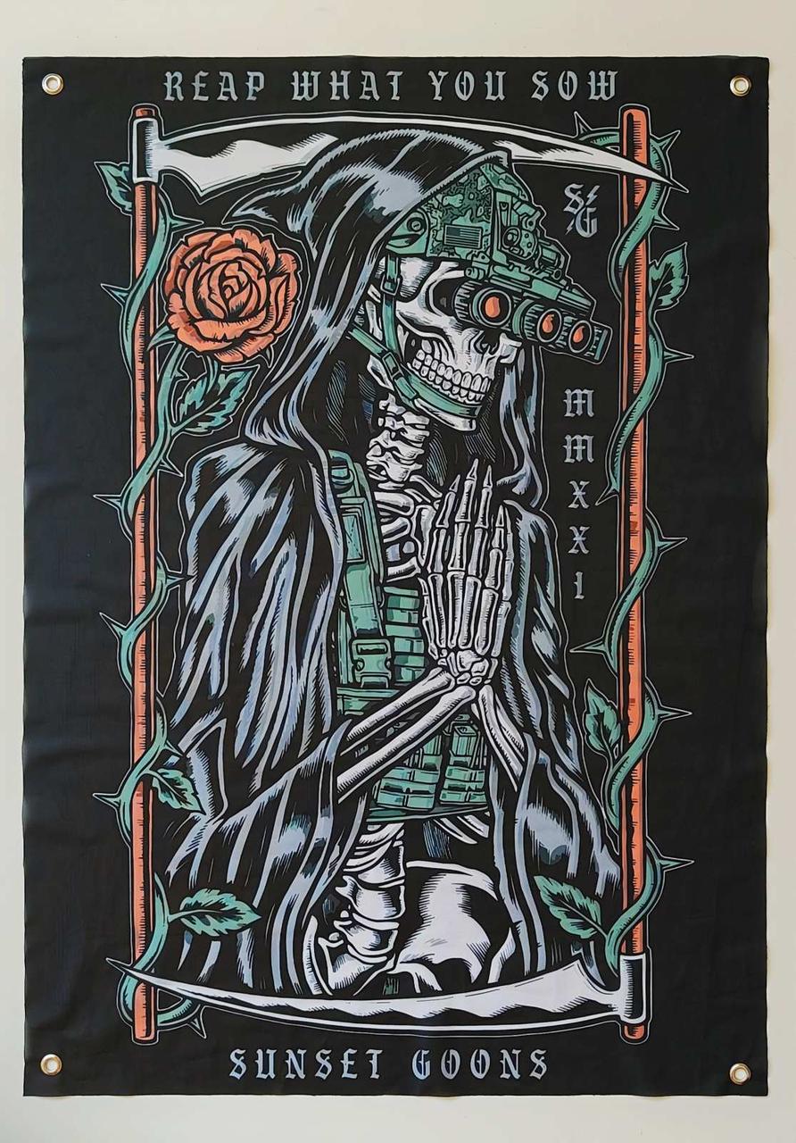 Прапор баннер Sunset Goons "Пожовни те, що сіяв" на люверсах