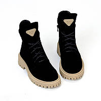 Жіночі черевики демісезонні молодіжні чорні на бежевій підошві натуральна замша