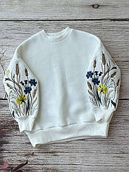 Світшот, кофта  для дівчаток біла на байці з вишитими рукавами розмір 116, 122, 134, 140