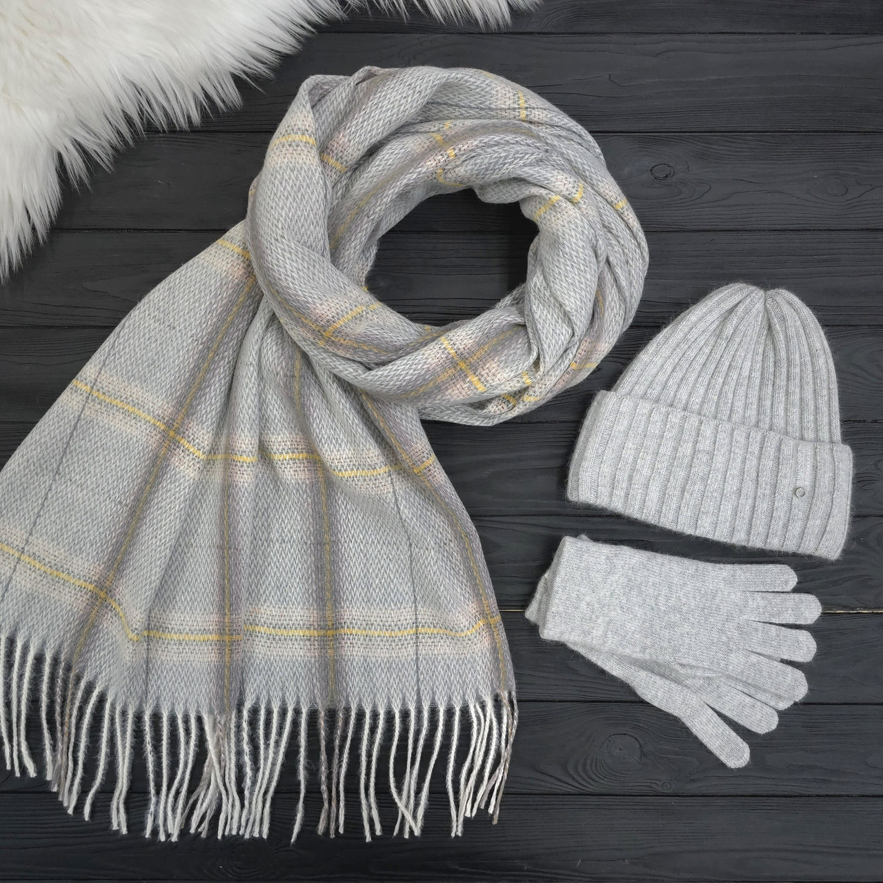 Комплект жіночий зимовий ангора з вовною на флісі (шапка+шарф+рукавички) ODYSSEY 56-58 см Сірий 12045 - 8091 - 4166, фото 1