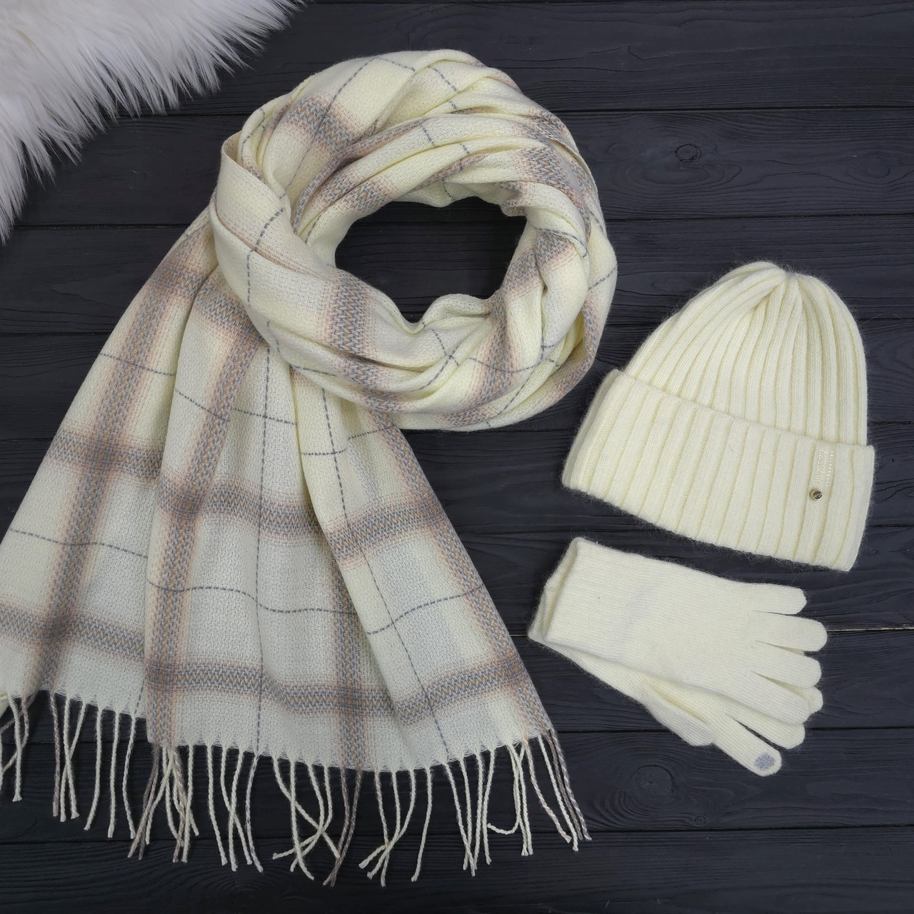 Комплект жіночий зимовий ангора з вовною на флісі (шапка+шарф+рукавички) ODYSSEY 56-58 см Молочний 12062 - 8008 - 4174, фото 1