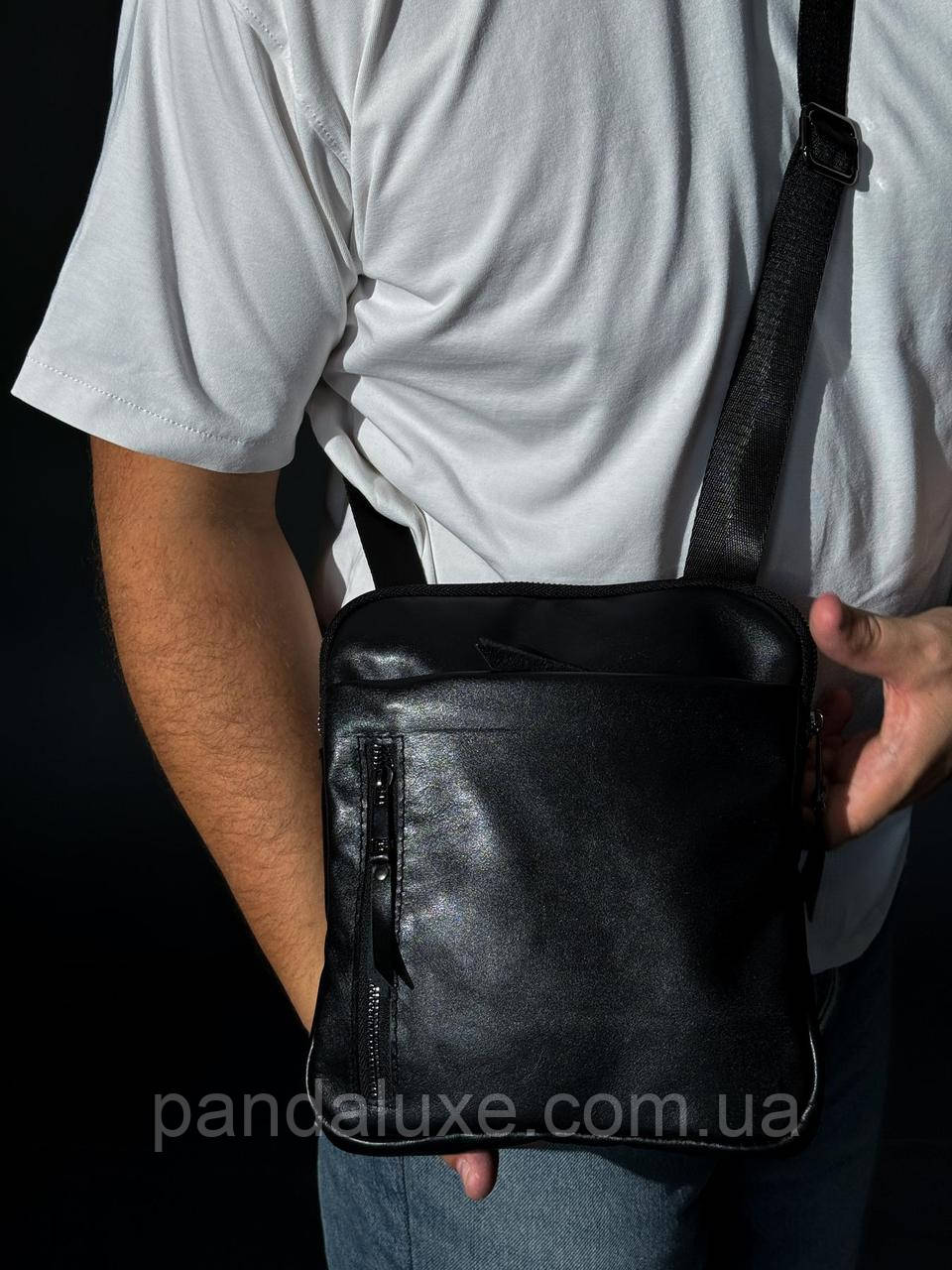 Сумка-мессенджер із натуральної гладкої шкіри, сумка через плече чоловіча SKILL (чорна)