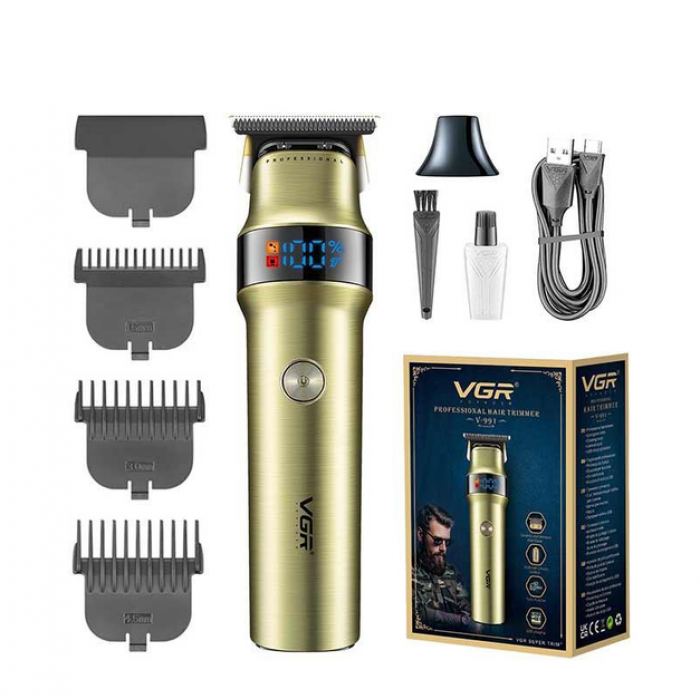 Машинка для стриження бездротова акумуляторна LED-дисплей VGR V-991 Чорна + 3 насадки