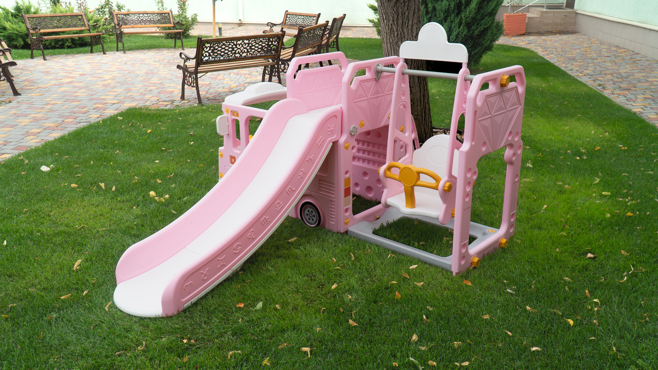 Дитячий пластиковий ігровий комплекс 2 в 1 гірка + гойдалка з будиночком і кільцем Bambi WM19090-8 для дому рожева, фото 1