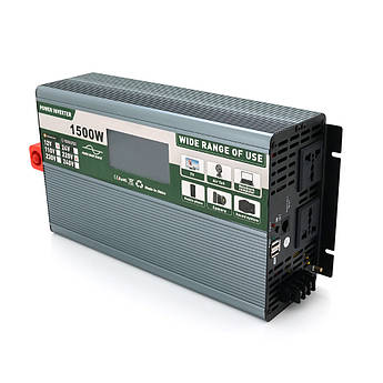 Інвертор напруги Demuda DMDPSW-1500W, 12V/220V, 1500W з правильною синусоїдою, 2 універсальні розетки, 2 USB, Rj 45, клемні дроти,