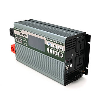 Інвертор напруги Demuda DMDPSW-1000W, 12V/220V, 1000W з правильною синусоїдою, 2 універсальні розетки, 2 USB, Rj 45, клемні дроти,