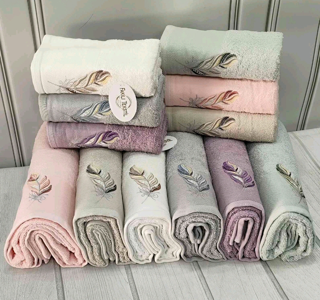 Великий набір рушників Fakili Tekstil "Feathers" 12 предметів (банні, для обличчя та рук) бавовняні м'які Туреччина